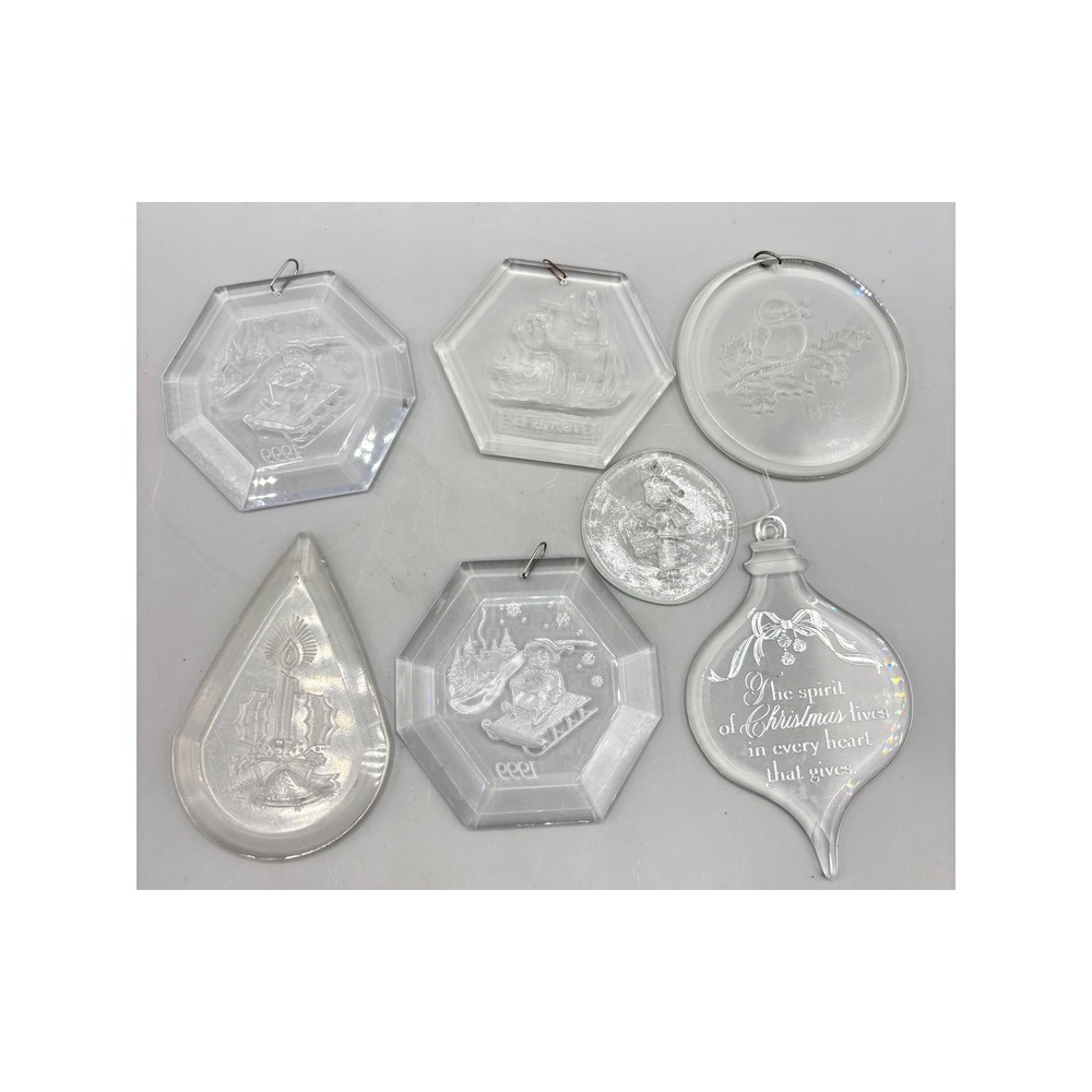Vintage Acrylic Christmas Ornaments Lot Frosted Etched 1979 1999 7pc